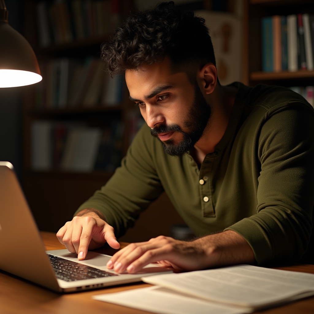 Persoană verificând atent un text generat de inteligență artificială pe ecranul unui laptop